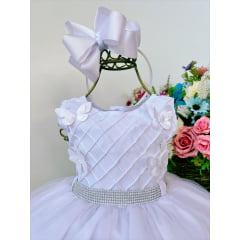 Vestido Infantil Branco C/ Aplique Borboletas e Strass Luxo