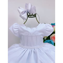 Vestido Infantil Branco Com Cinto de Pérolas Luxo