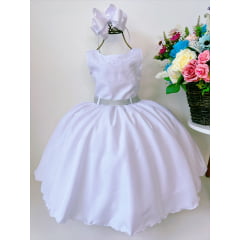 Vestido Infantil Branco C/ Peito de Strass e Cinto Princesas