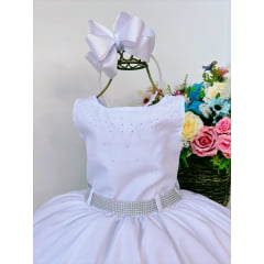 Vestido Infantil Branco C/ Peito de Strass e Cinto Princesas