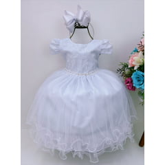 Vestido Infantil Branco C/ Renda Cinto Pérolas Strass Luxo
