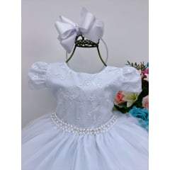 Vestido Infantil Branco C/ Renda Cinto Pérolas Strass Luxo