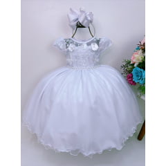 Vestido Infantil Branco C/ Renda e Apliques Cinto Pérolas