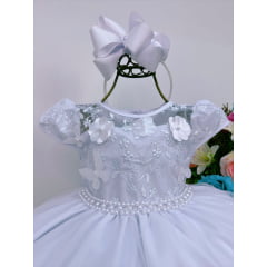 Vestido Infantil Branco C/ Renda e Apliques Cinto Pérolas