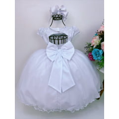 Vestido Infantil Branco C/ Renda e Apliques Cinto Pérolas