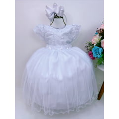 Vestido Infantil Branco Com Renda e Pérolas Luxo