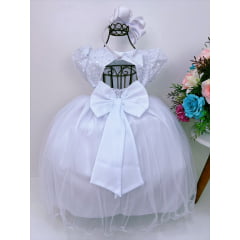 Vestido Infantil Branco Com Renda e Pérolas Luxo