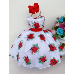 Vestido Infantil Branco e Vermelho Floral Luxo Baby