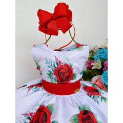 Vestido Infantil Branco e Vermelho Floral Luxo Baby