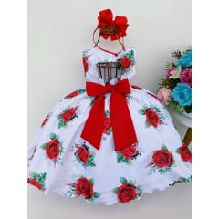 Vestido Infantil Branco e Vermelho Floral Luxo Baby