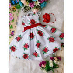 Vestido Infantil Branco e Vermelho Floral Luxo Baby