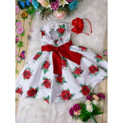 Vestido Infantil Branco e Vermelho Floral Luxo Baby