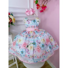 Vestido Infantil Floral Rosa Claro Pérolas e Strass Luxo