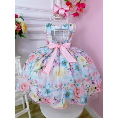 Vestido Infantil Floral Rosa Claro Pérolas e Strass Luxo