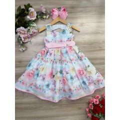 Vestido Infantil Floral Rosa Claro Pérolas e Strass Luxo