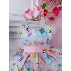 Vestido Infantil Floral Rosa Claro Pérolas e Strass Luxo