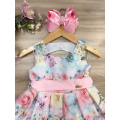 Vestido Infantil Floral Rosa Claro Pérolas e Strass Luxo