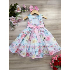 Vestido Infantil Floral Rosa Claro Pérolas e Strass Luxo