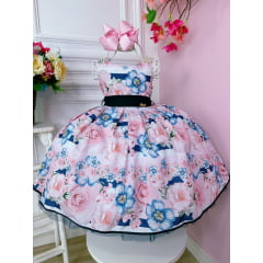 Vestido Infantil Floral Rosa e Azul Marinho Pérolas Strass