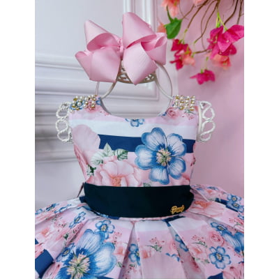 Vestido Infantil Floral Rosa e Azul Marinho Pérolas Strass