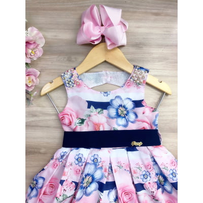 Vestido Infantil Floral Rosa e Azul Marinho Pérolas Strass
