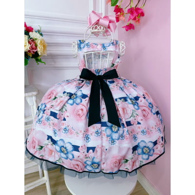 Vestido Infantil Floral Rosa e Azul Marinho Pérolas Strass
