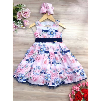 Vestido Infantil Floral Rosa e Azul Marinho Pérolas Strass