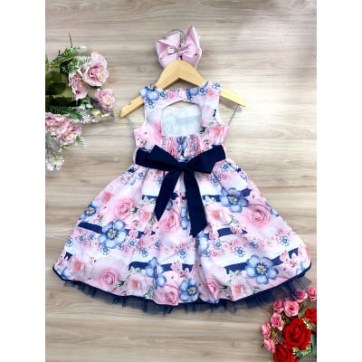 Vestido Infantil Floral Rosa e Azul Marinho Pérolas Strass
