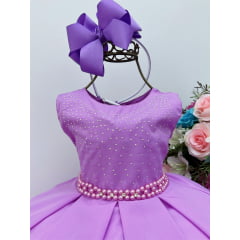 Vestido Infantil Lilás Cinto de Pérolas Peito Strass