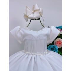 Vestido Infantil Marfim Com Cinto de Pérolas Luxo