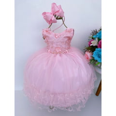 Vestido Infantil Rosa Babados Renda e Aplique de Flores Luxo