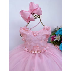 Vestido Infantil Rosa Babados Renda e Aplique de Flores Luxo