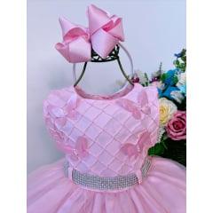 Vestido Infantil Rosa C/ Aplique Borboletas e Strass Luxo