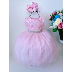 Vestido Infantil Rosa C/ Aplique Borboletas e Strass Luxo