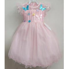Vestido Infantil Rosa C/ Apliques de Flores Borboletas Luxo