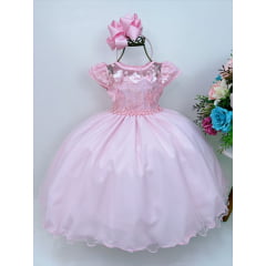 Vestido Infantil Rosa C/ Renda e Apliques Cinto Pérolas