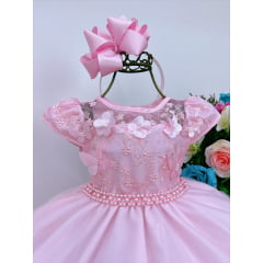 Vestido Infantil Rosa C/ Renda e Apliques Cinto Pérolas