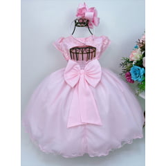 Vestido Infantil Rosa C/ Renda e Apliques Cinto Pérolas