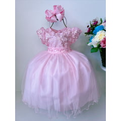 Vestido Infantil Rosa C/ Renda e Apliques Flores Princesas