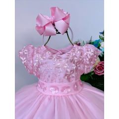 Vestido Infantil Rosa C/ Renda e Apliques Flores Princesas