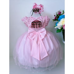Vestido Infantil Rosa C/ Renda e Apliques Flores Princesas