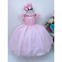 Vestido Infantil Rosa C/ Renda e Cinto de Pérolas Luxo
