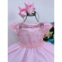 Vestido Infantil Rosa C/ Renda e Cinto de Pérolas Luxo