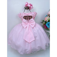 Vestido Infantil Rosa C/ Renda e Cinto de Pérolas Luxo
