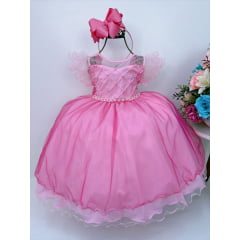 Vestido Infantil Rosa Chiclete C/ Renda Cinto de Pérolas