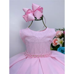 Vestido Infantil Rosa Cinto de Pérolas Peito Strass