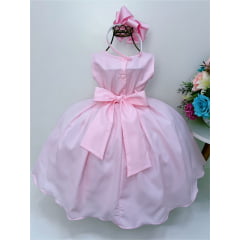 Vestido Infantil Rosa Cinto de Pérolas Peito Strass