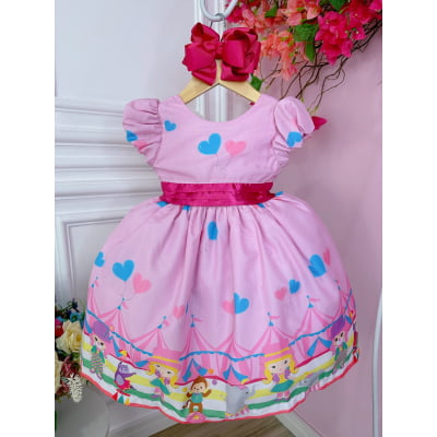 Vestido Infantil Rosa Circo Corações Laço Pink Super Luxo