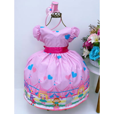 Vestido Infantil Rosa Circo Corações Laço Pink Super Luxo