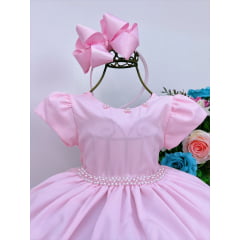Vestido Infantil Rosa Com Cinto de Pérolas Luxo